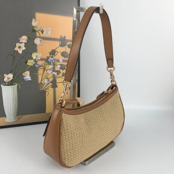 New COACH Teri 2way Shoulder Bag Crossbody Straw/Leather Latte - Picture 3 of 7